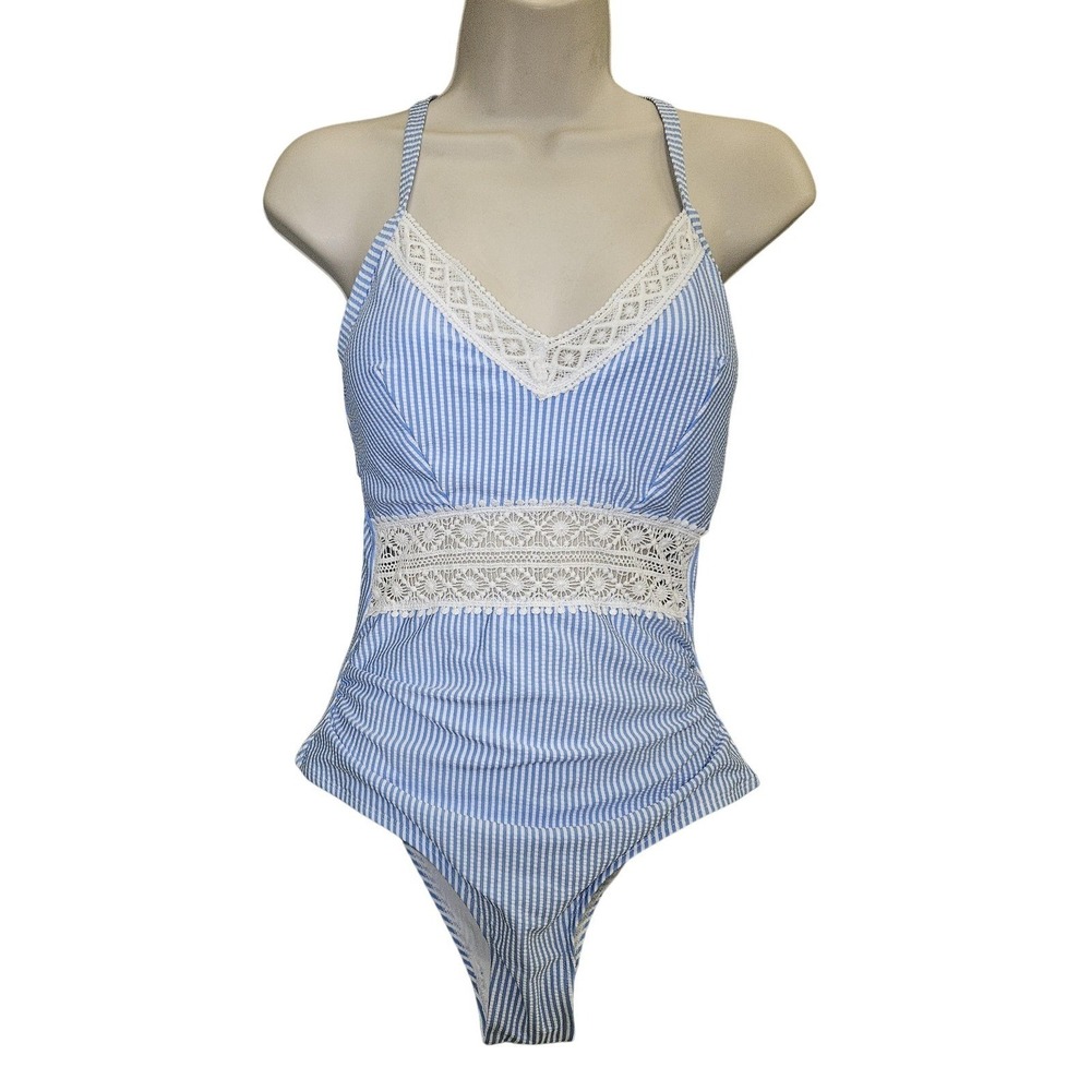 Cupshe One Piece Swimsuit Women‎ M Blue White Stripe Lace Trim Coquette Feminine